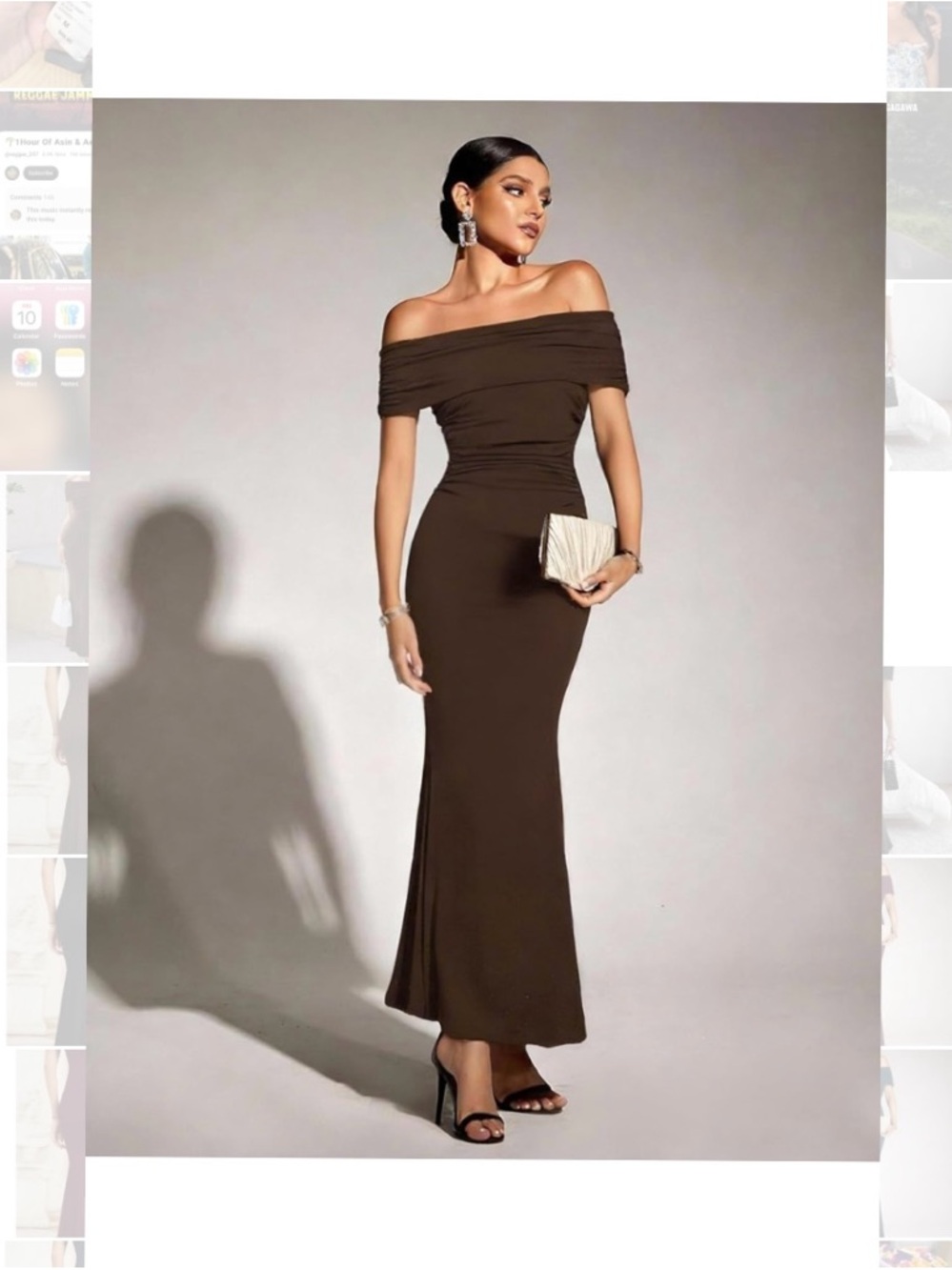 New Women Medium Off The Shoulder Brown Ruched Formal Dress - Picture 2 of 11